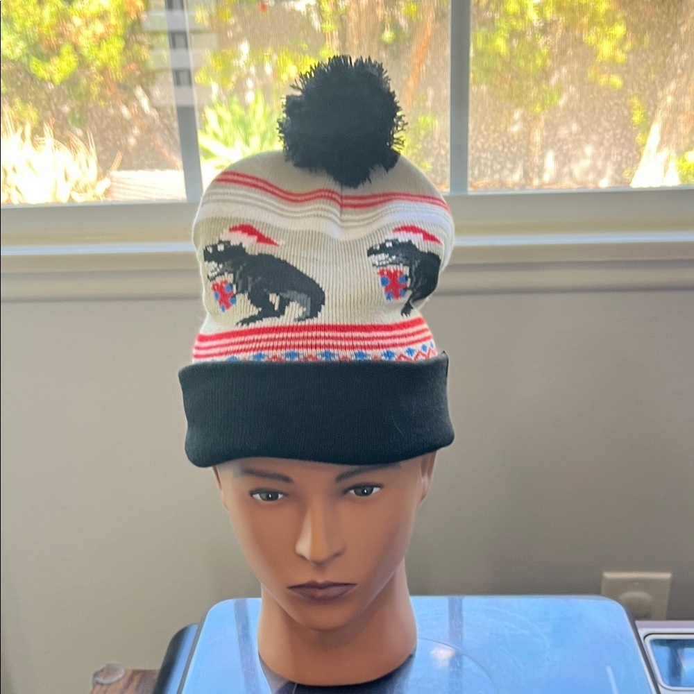 Men’s Black and White Dinosaur Beanie